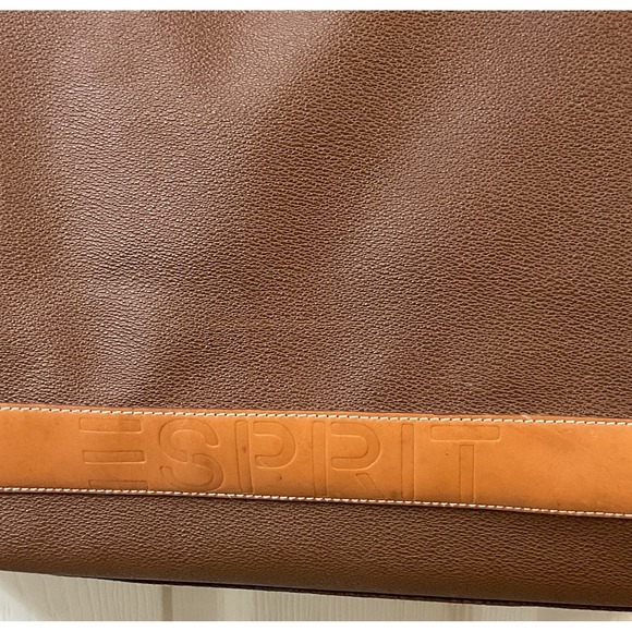 Vintage ESPRIT 80s 90s Brown Pebbled Leather Logo 2 Handled Zip Tote VGUC - Picture 4 of 16